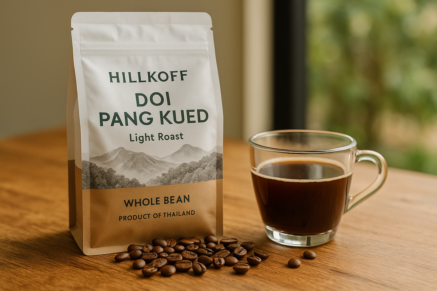 A bag of Hillkoff Doi Pang Kued Light Roast whole bean coffee on a wooden table next to a clear glass cup of coffee. Natural soft morning light highlights coffee beans and bag, evoking the Chiang Rai highlands origin.