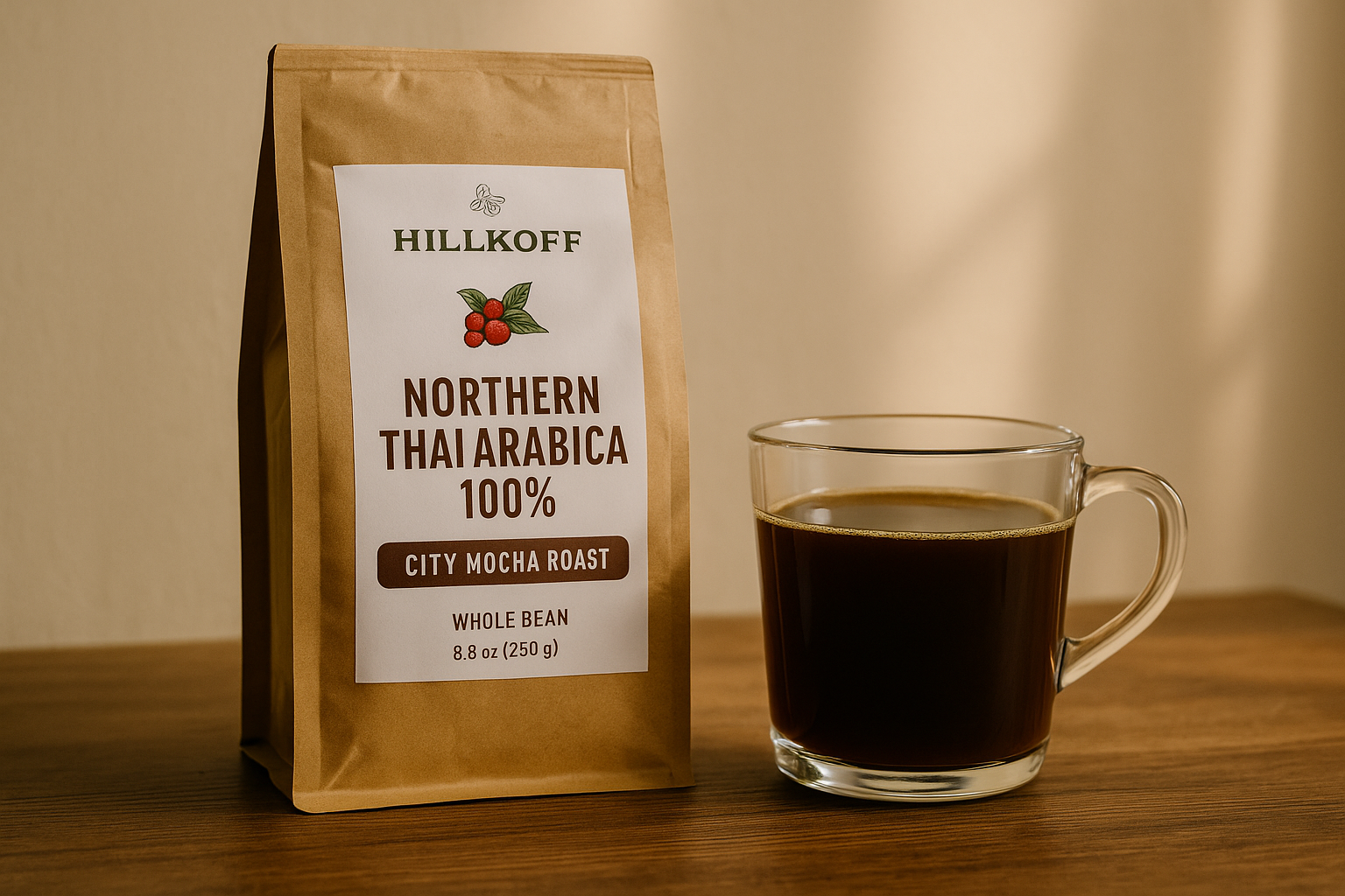 A premium Hillkoff coffee bag stands beside a clear glass cup filled with rich medium-roast brew. Natural light highlights the earthy tones of the beans and cup, with soft shadows on a wooden surface – evoking Northern Thai charm.