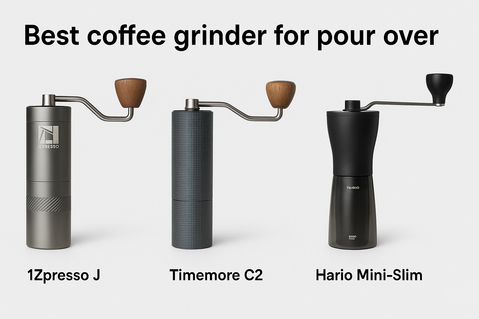 "Three top coffee grinders for pour-over brewing: 1Zpresso J, Timemore C2, and Baratza Encore."