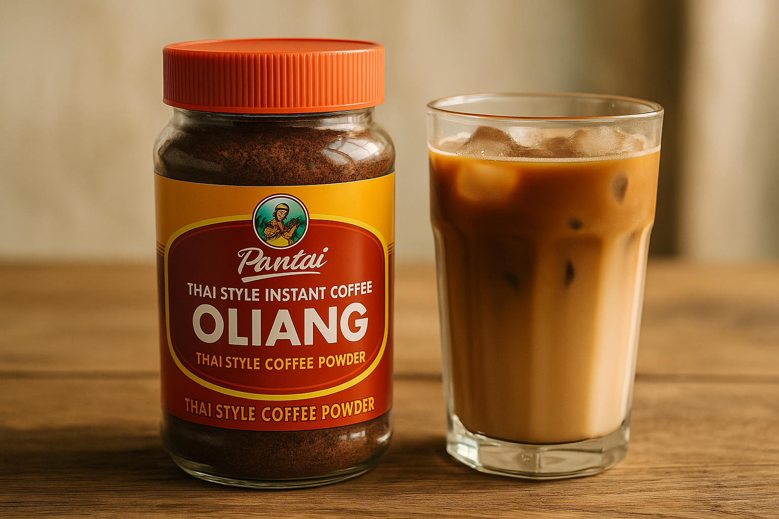 A rustic jar of Pantai Oliang Thai Style Instant Coffee powder sits beside a glass of iced coffee with milk on a wooden table in soft natural light, evoking a nostalgic Thai café atmosphere.