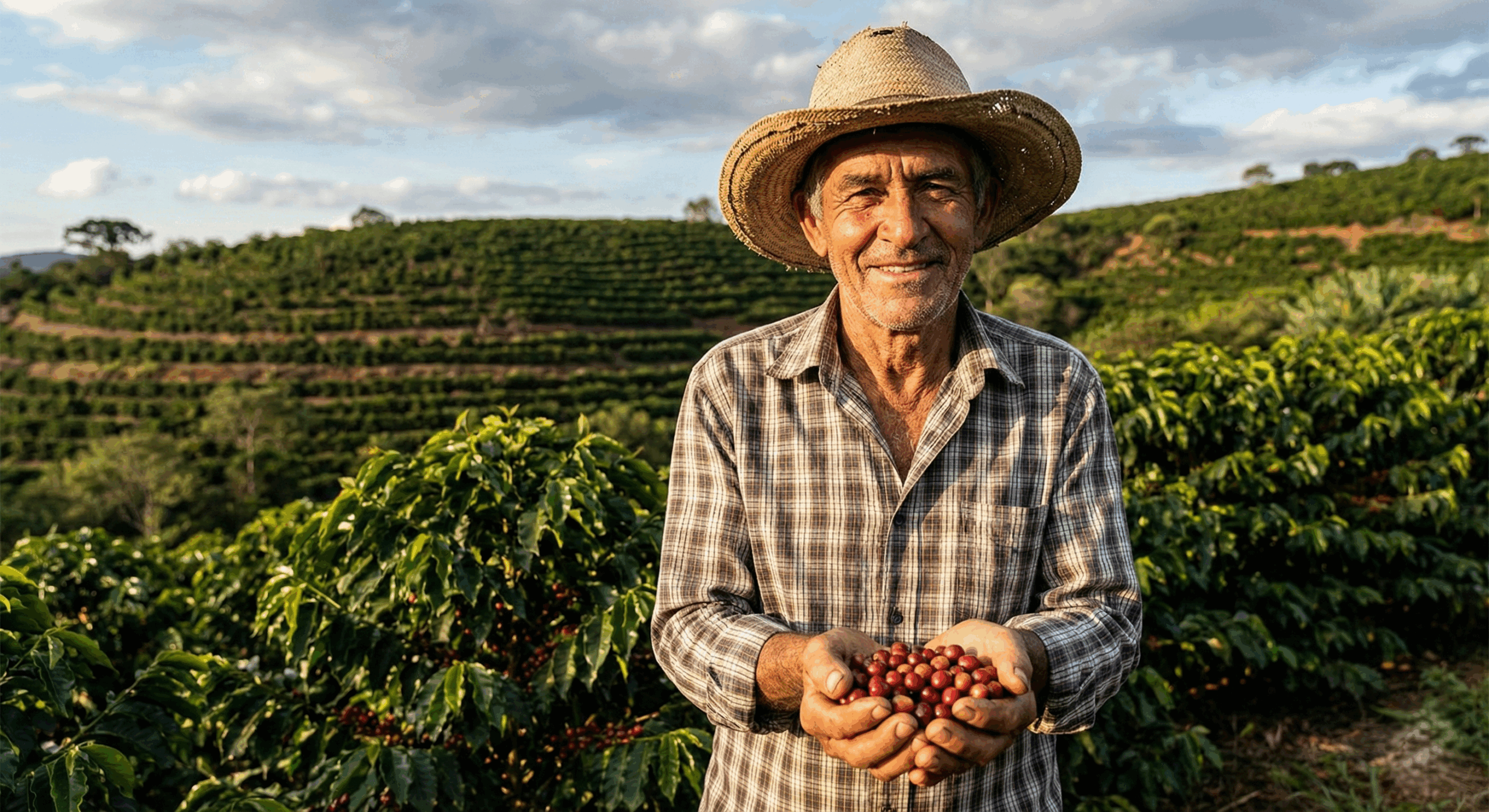 A smiling Thai coffee farmer holding a basket of freshly picked red coffee cherries at a sustainable high-altitude plantation.