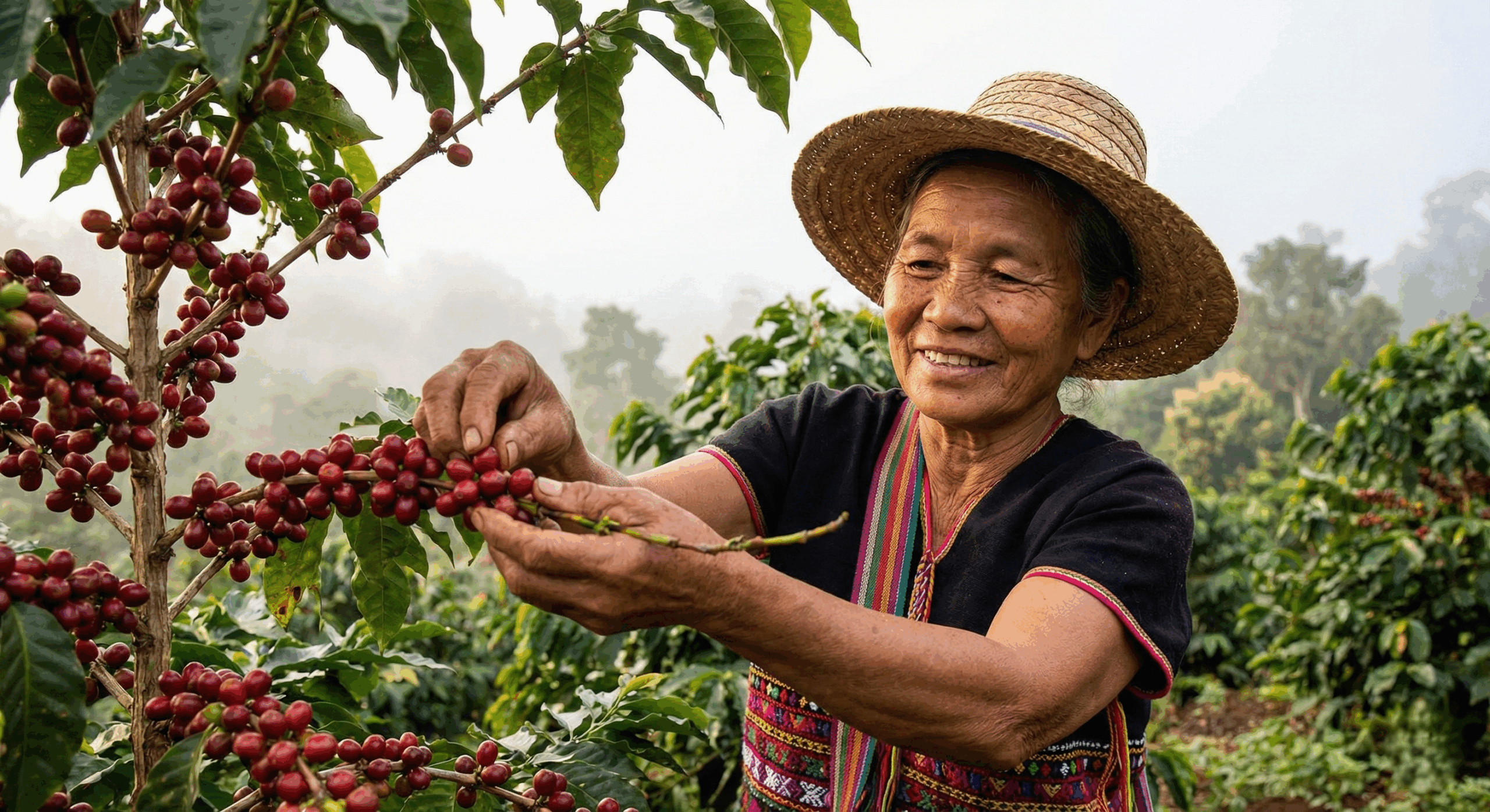 A Thai coffee farmer hand-picking ripe Arabica cherries at a high-altitude specialty plantation in Northern Thailand.