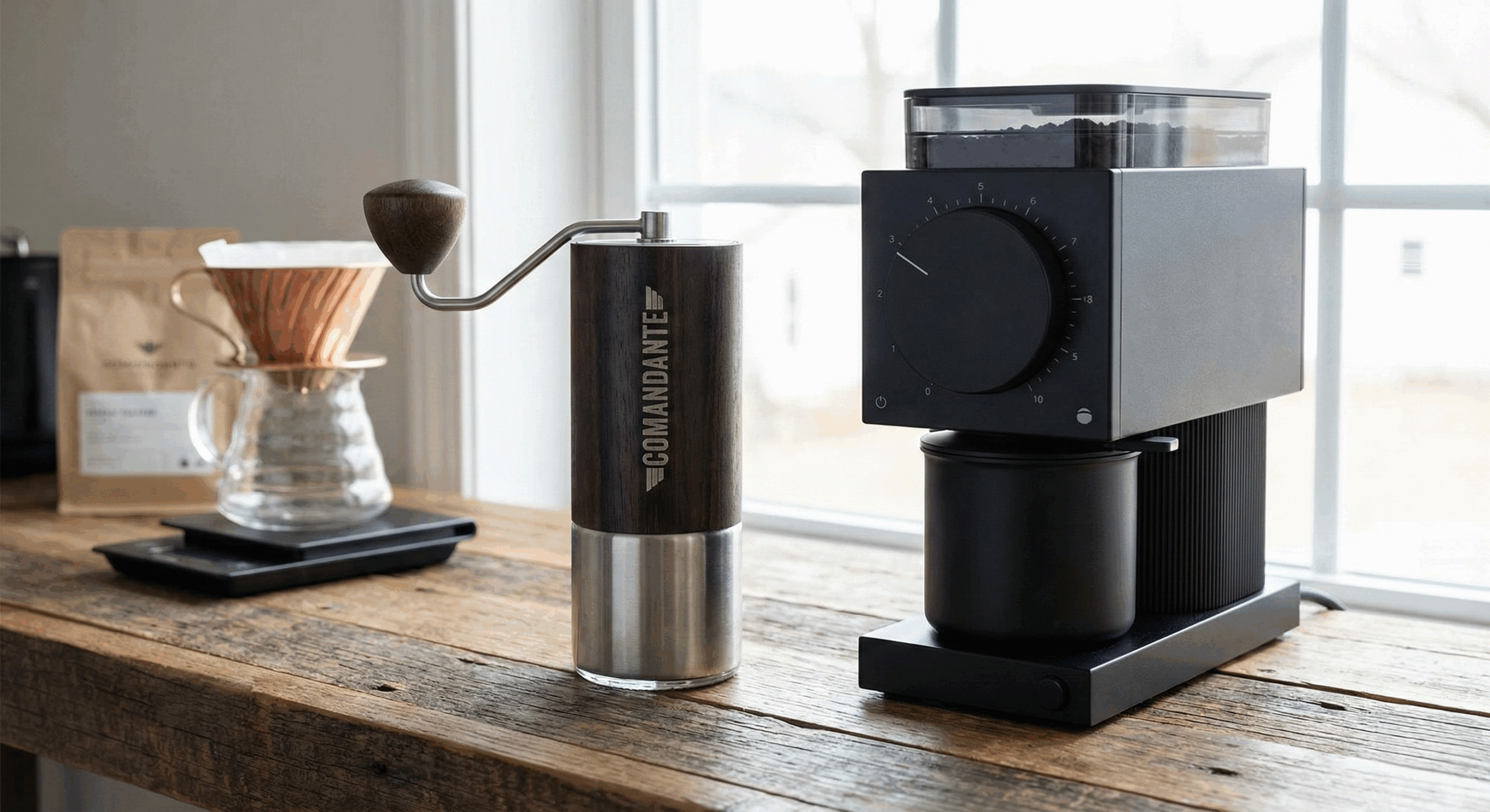 A side-by-side comparison of a manual hand coffee grinder and an electric burr grinder on a stylish home coffee station.