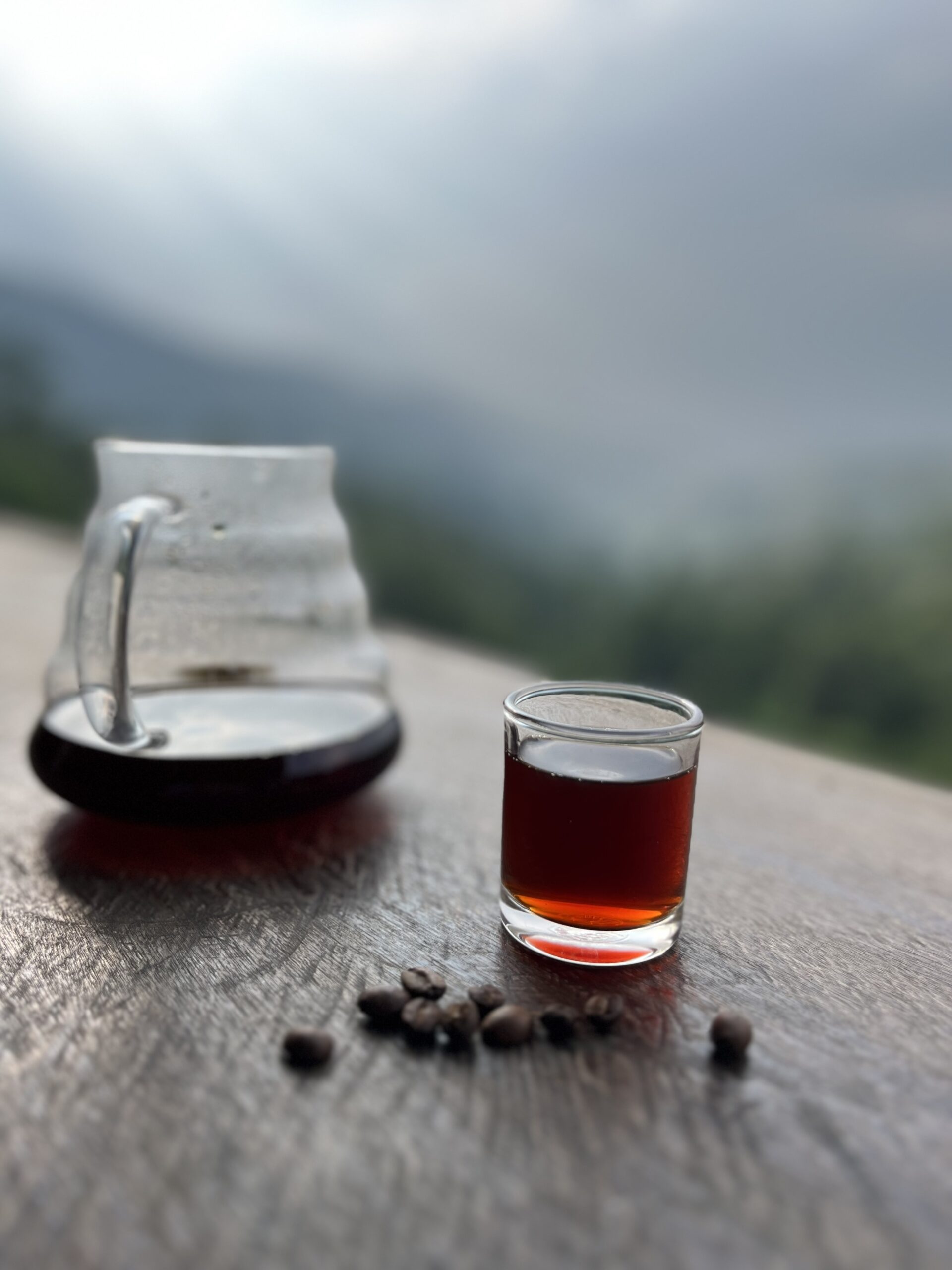 Mae Jan Tai specialty coffee from Chiang Rai, Thailand, with a scenic mountain backdrop.