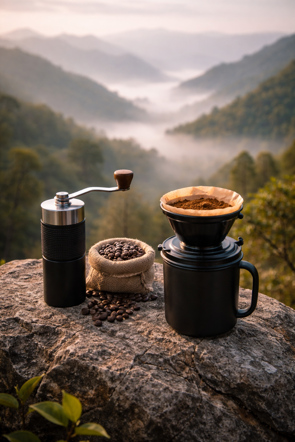 A compact manual coffee grinder and a travel dripper set on a rock overlooking a misty valley in Mae Hong Son.