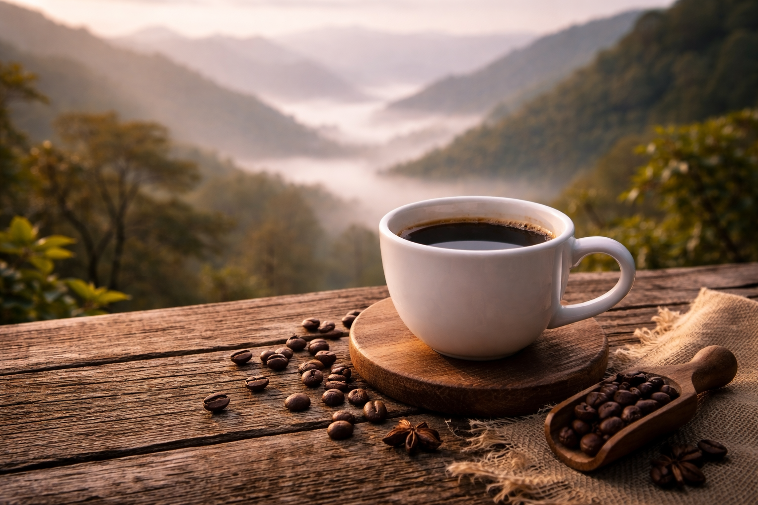 A professional ceramic coffee tasting cup placed on a rustic wooden table overlooking the mist.