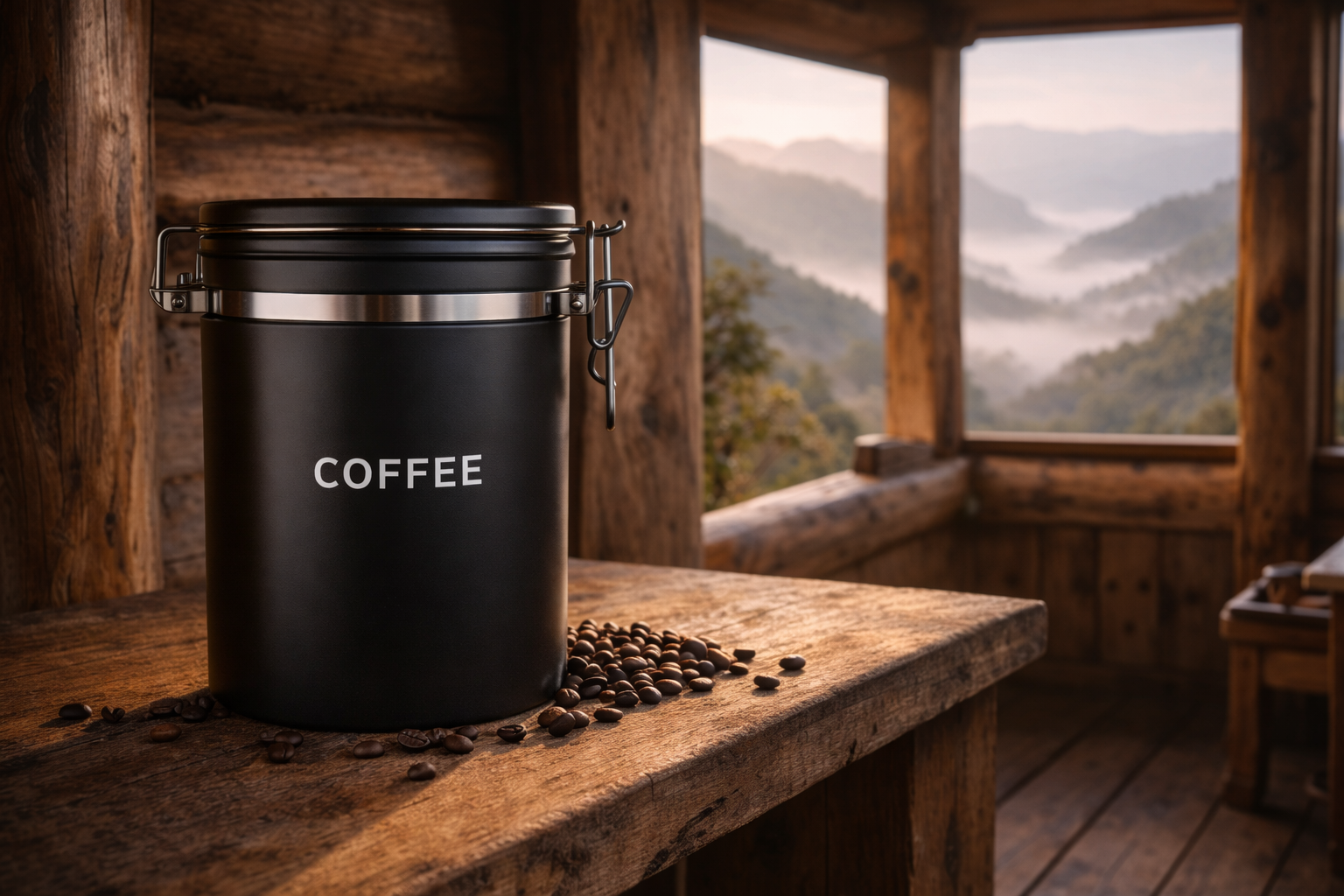 High-quality vacuum-sealed coffee canister sitting on a wooden shelf in a mountain cabin.